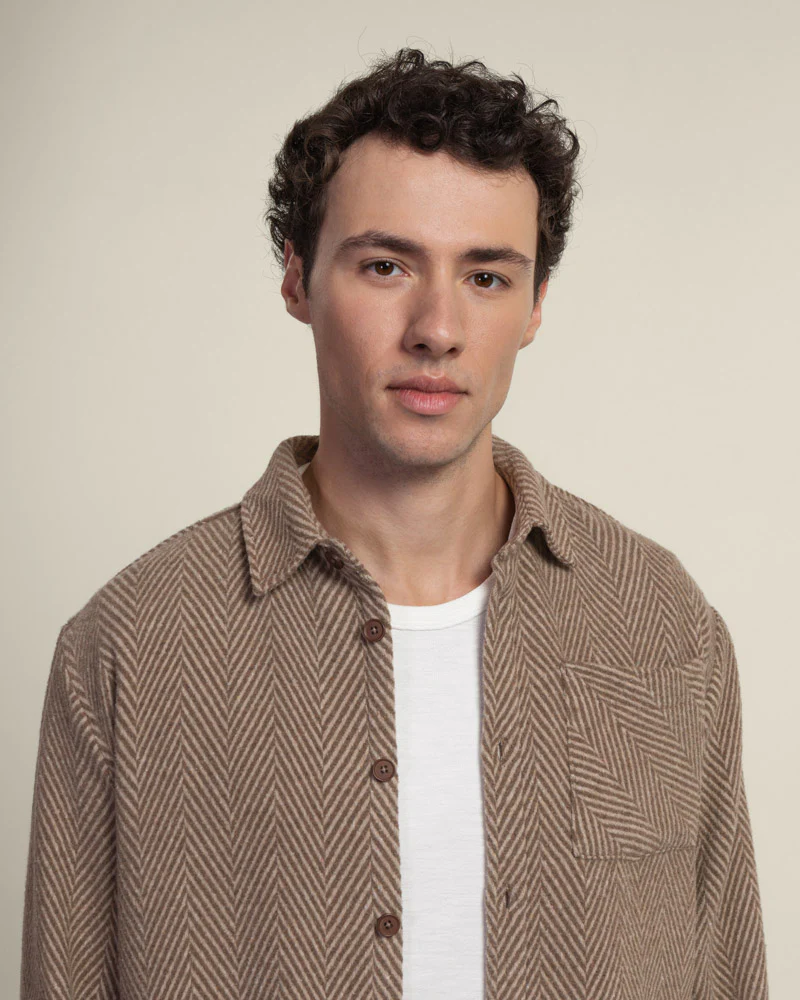 Brown & Stone Herringbone Textured Overshirt - Image 3