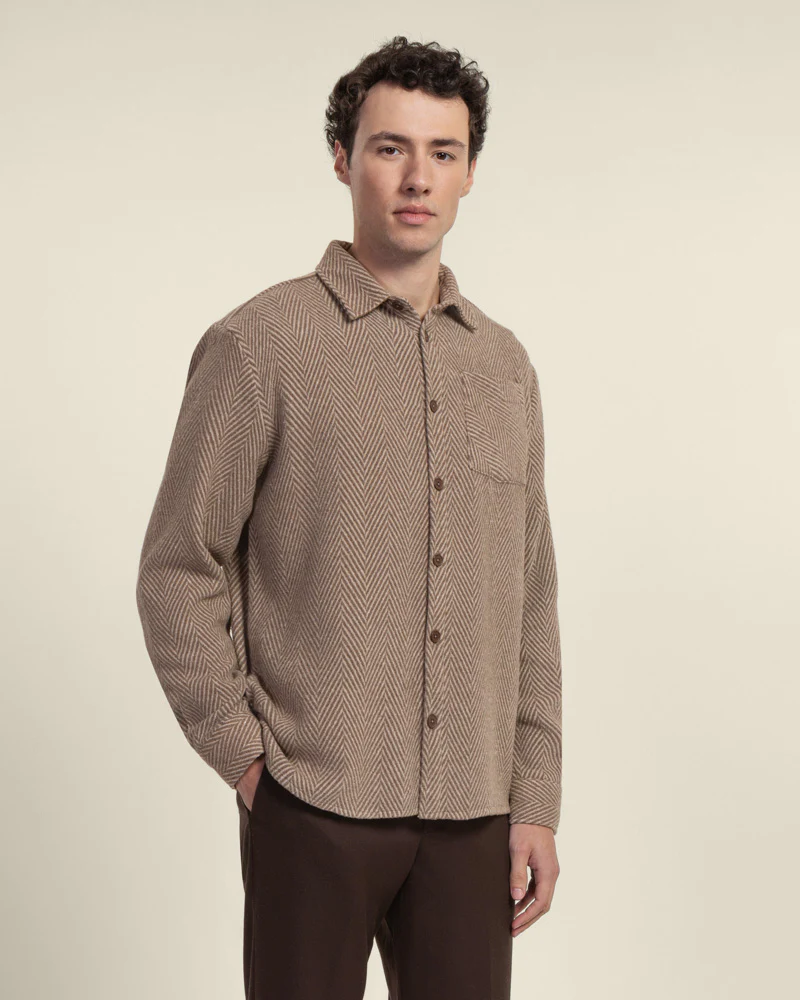 Brown & Stone Herringbone Textured Overshirt - Image 4