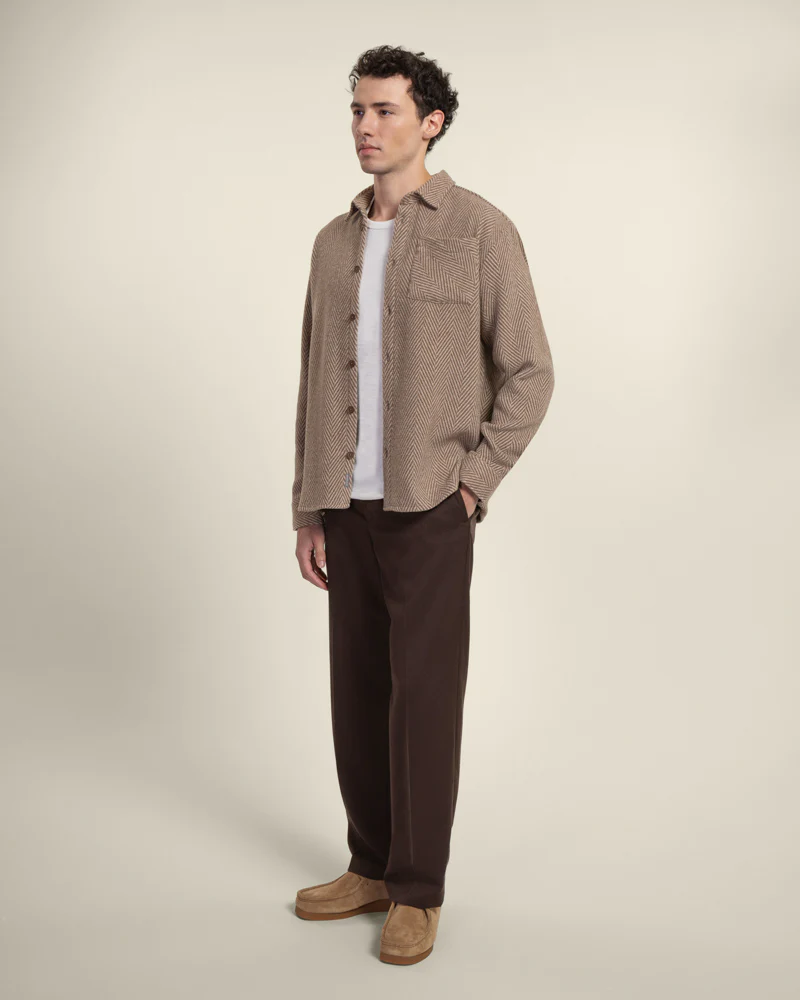Brown & Stone Herringbone Textured Overshirt - Image 5