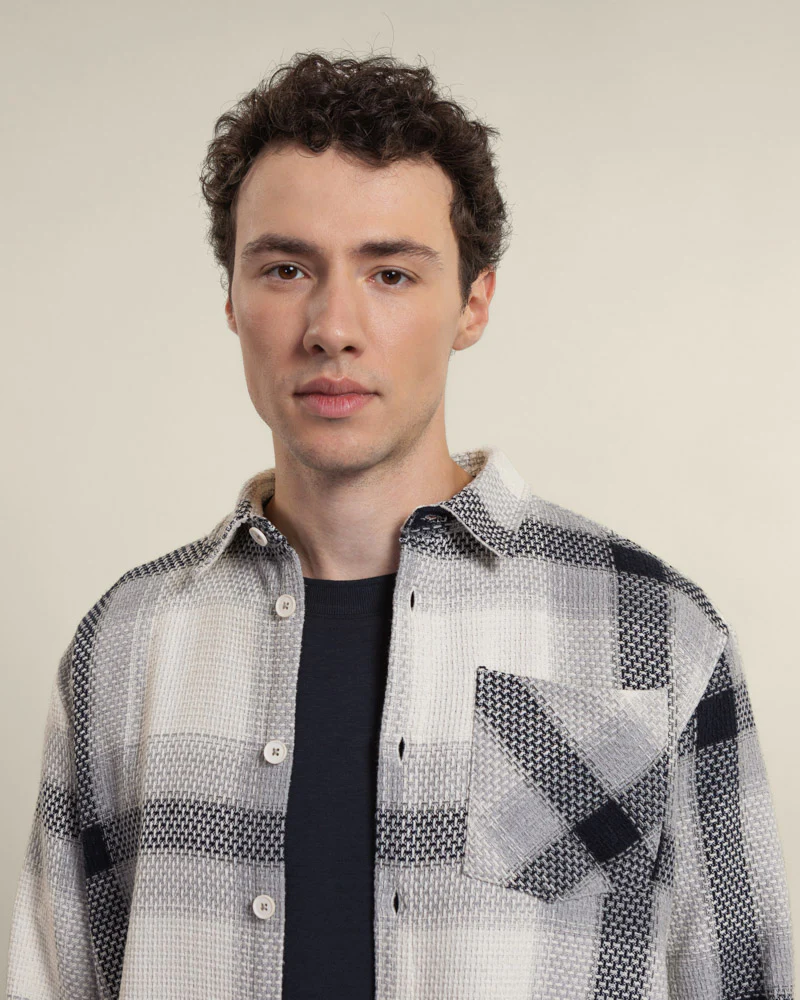 Cream With Navy Check Textured Overshirt - Image 3