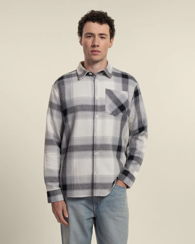 Cream With Navy Check Textured Overshirt - Image 4