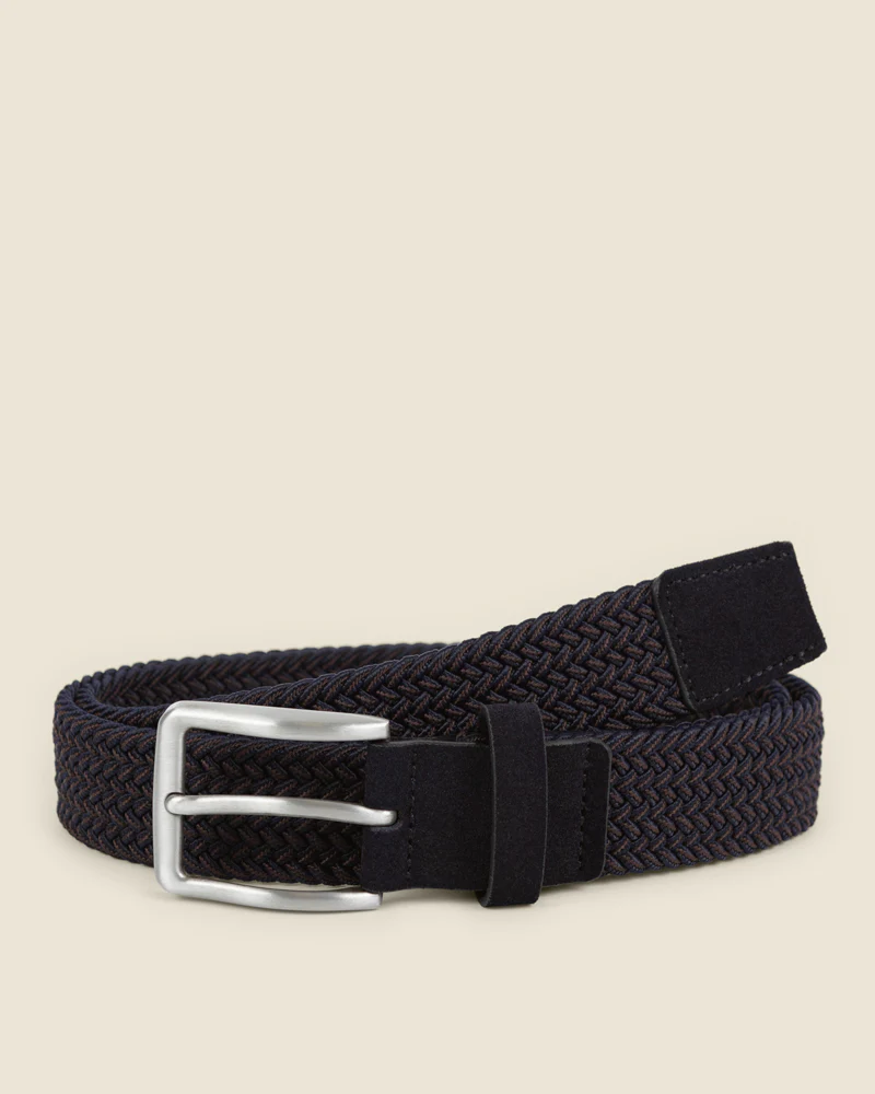 Somero - Navy & Brown Stitch Detail Woven Casual Stretch Belt - Image 4