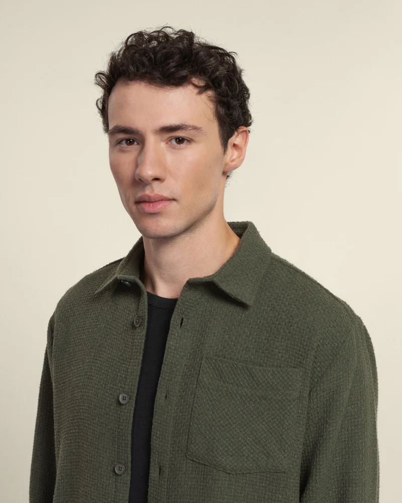 Olive Crosshatch Textured Overshirt - Image 3