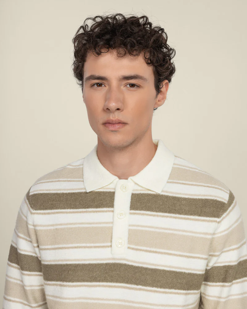 Osterby - Stripe Knitted Long Sleeve Polo Shirt - Image 4